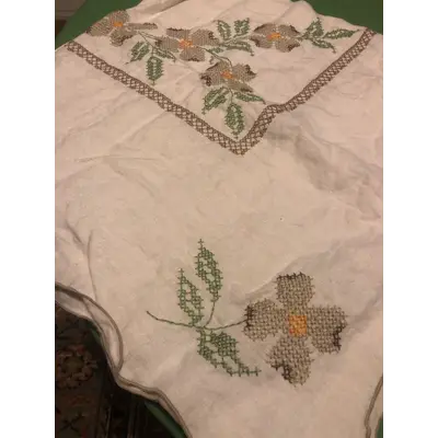 Cross Stitch Tablecloth with Tan and Sage Green Floral