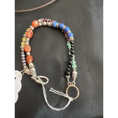 Bracelet double strand, multi colored semi precious stones, sterling silver