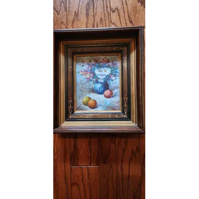 Antique frame w/ fruit & flowers, hand painted & signed