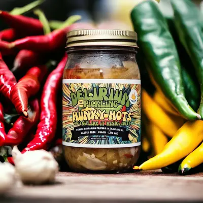 Hunky Hots - pickled Hungarian peppers in brine and oil. Gluten-free, vegan, and low calorie.
