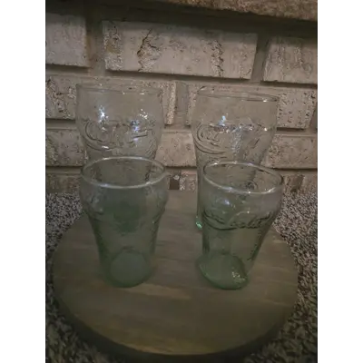 set of 4 green pebbled coke glasses