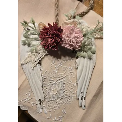 Rustic Metal Angel Wings with Wood Flowers