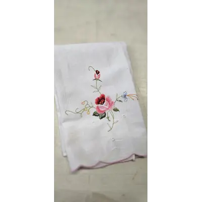 Linen Teal Towel White Embroidered Rose