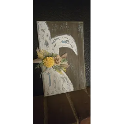 Handpainted Bunny Rabbit w Wood Flowers Sign