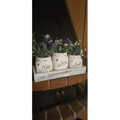 NEW Ser of 3 Mason Jars Live Laugh Love w Lavender Floral Arrangement and Wood Box