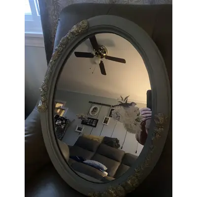 Mirror with clay roses on frame with gold gilding wax and bird transfer