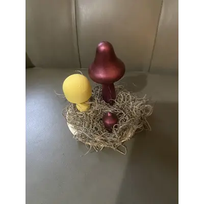 3 mushrooms wood and clay