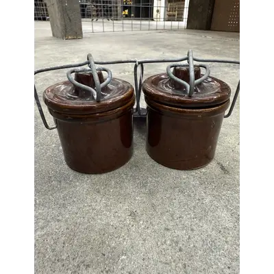 Brown stoneware cheese butter crocks with lids