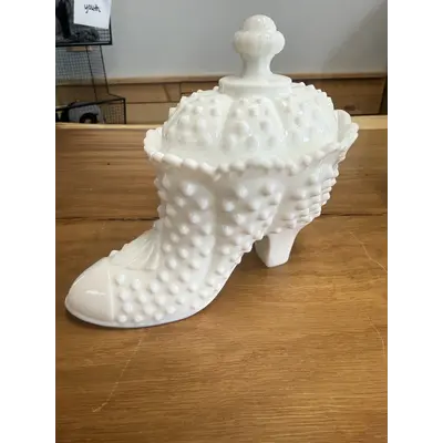 Vintage Fenton Hobnail Milk Glass Slipper with Lid