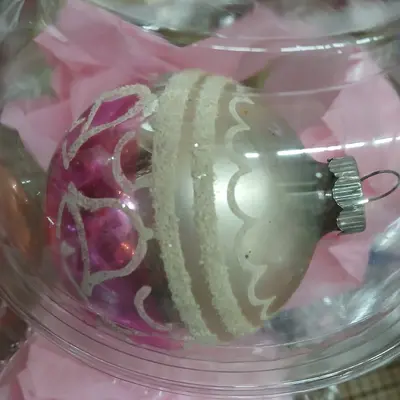 Shiny brite 3 inch pink / silver stenciled bells