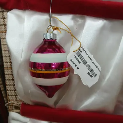 Shiny brite teardrop pink with white stripes