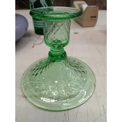 Green depression glass candlestick