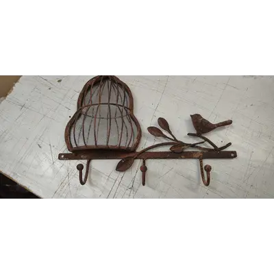 Rustic Cast Iron Bird and cage with Hooks kw
