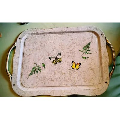 Large Vintage Metal Serving Tray with Buttferflies kw kw