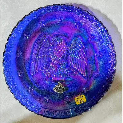 FENTON COBALT BLUE CARNIVAL GLASS PLATE BICENTENNIAL 1776-1976 AMERICAN EAGLE kw