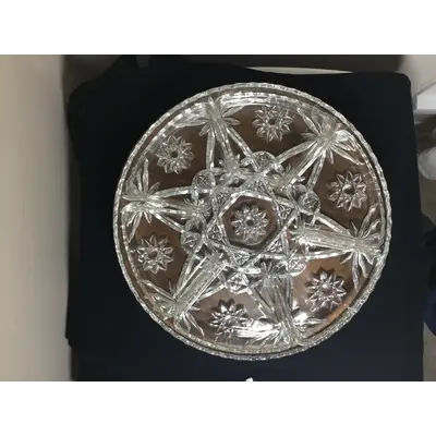 Vintage early American Star of David pattern, multi part, relish tray on a wooden Lazy Susan